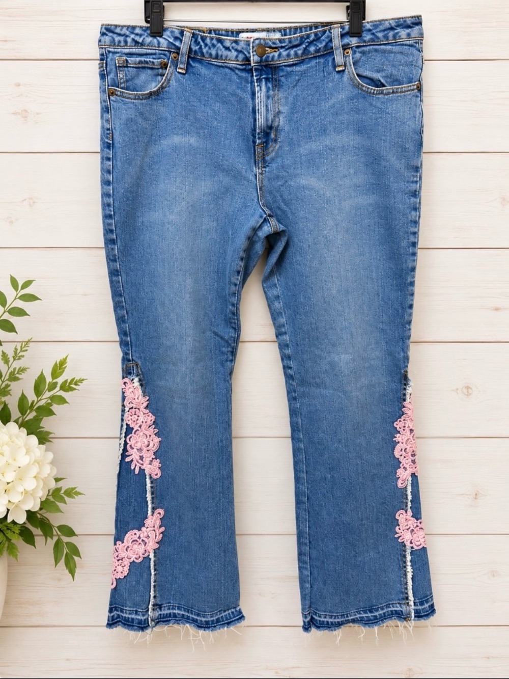 Bisou Bisou Blue Denim Flare Jeans with Pink Embroidered Lace Accents
